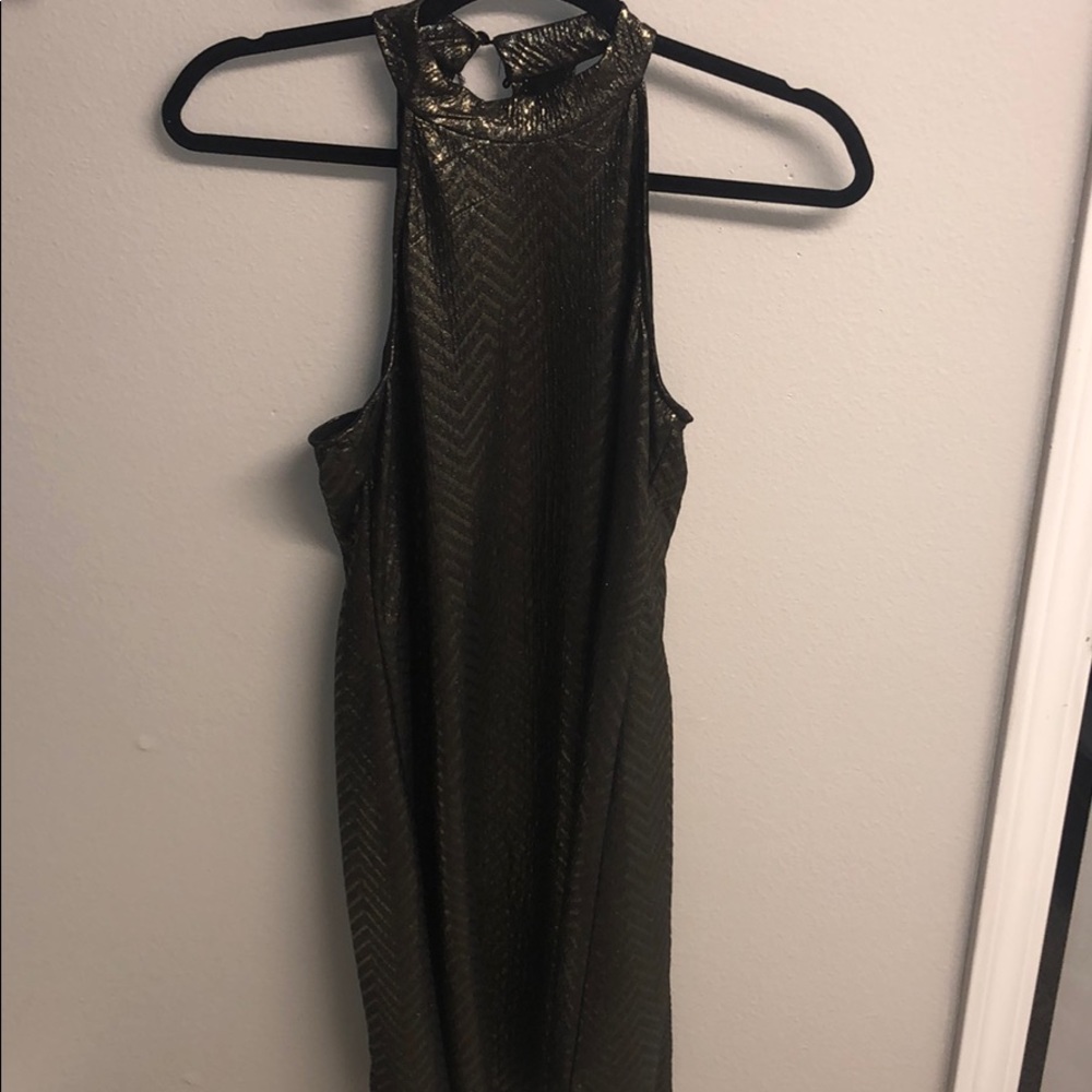 Black and gold halter-neck dress